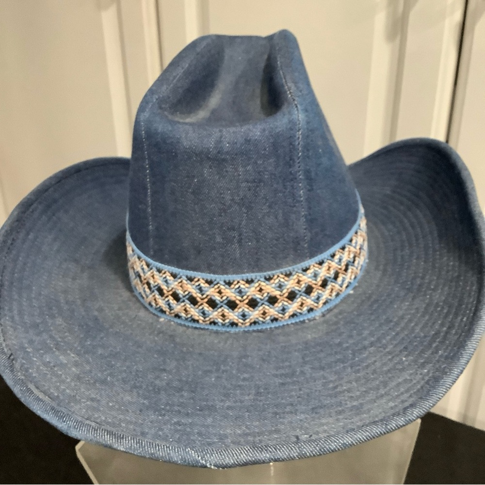 Vintage 70’s YA Youngan Blue Jean Denim Cowboy Western Hat Chevron Band - Picture 3 of 16